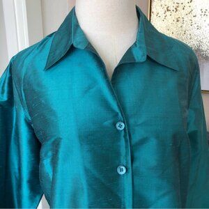 Coldwater Creek Shantung Silk Button Up Blouse Teal 3/4 Sleeve Medium